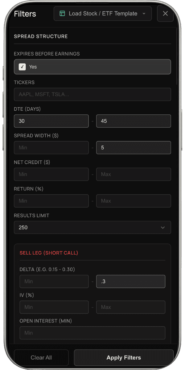 AlphaRadar mobile filters — full filter control on phone