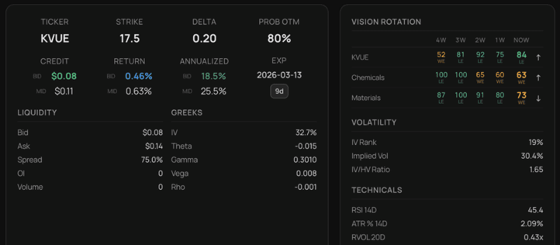 Options data panel with Vision Rotation — relative strength scores, stage tracking, and full option metrics